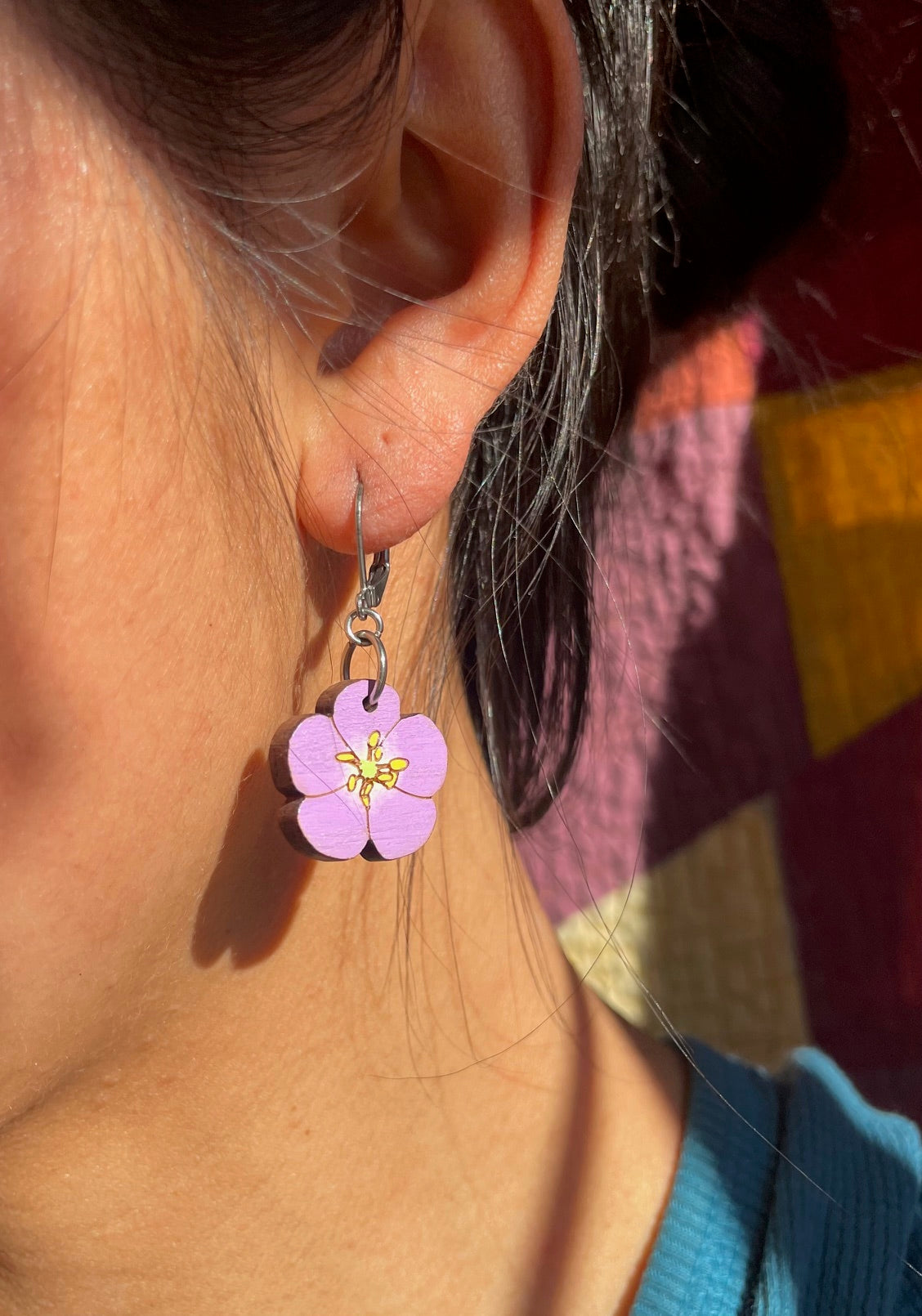 Handpainted Wild Geranium Wooden Earrings in XSmall