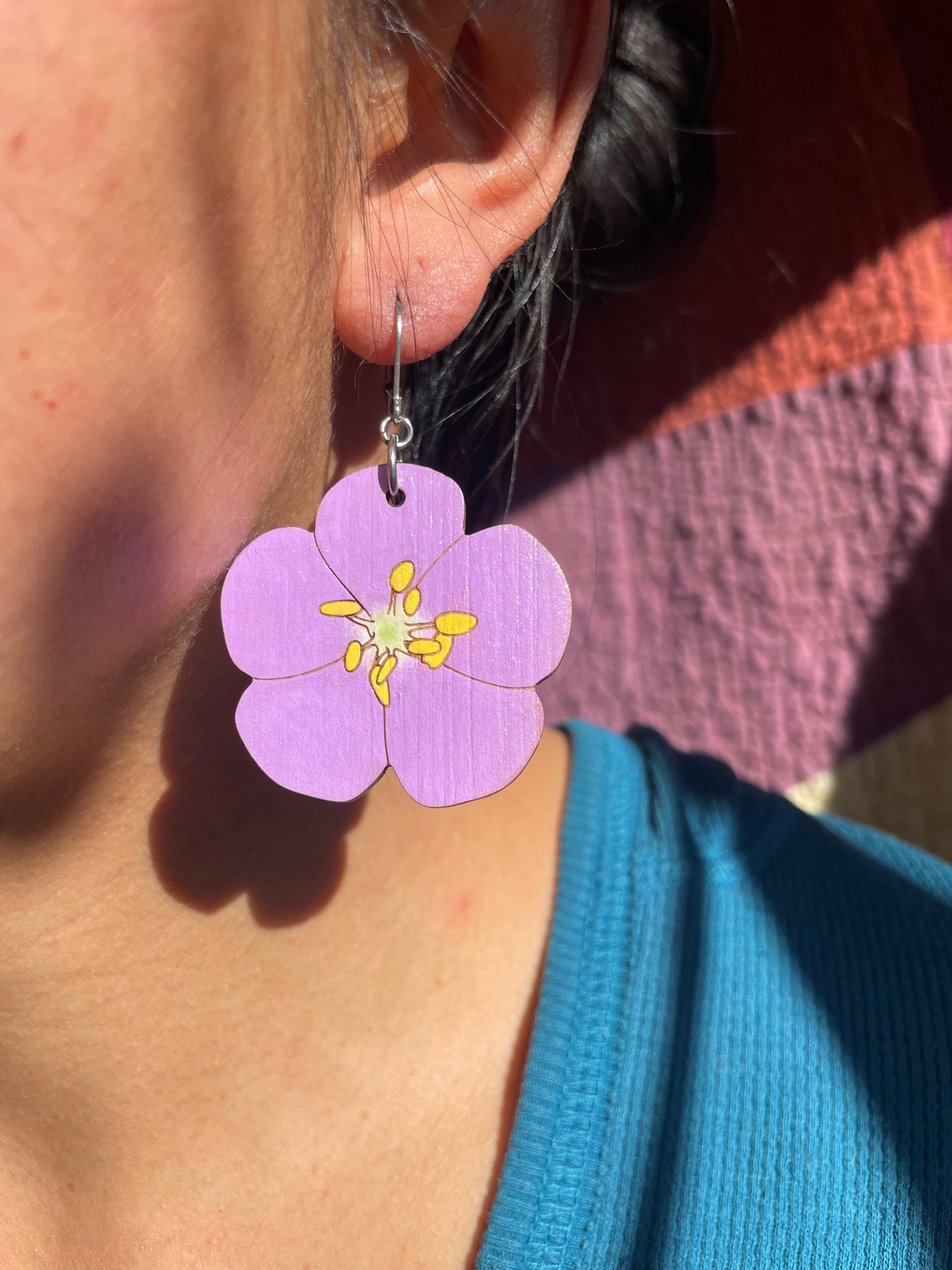 On Sale! Handpainted Wild Geranium Wooden Earrings in Large