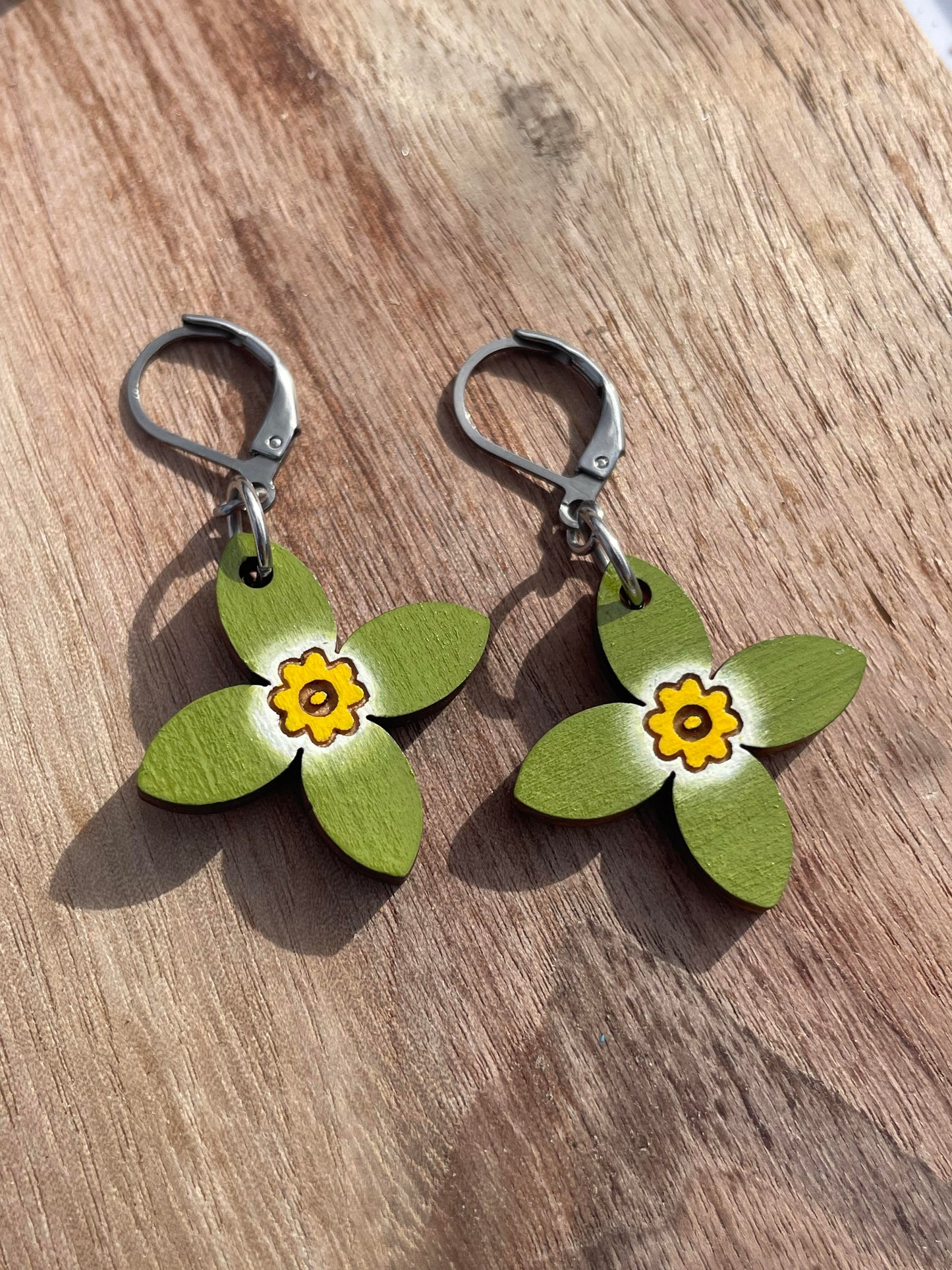 Handpainted Azure Bluet Wooden Earrings in Single Green
