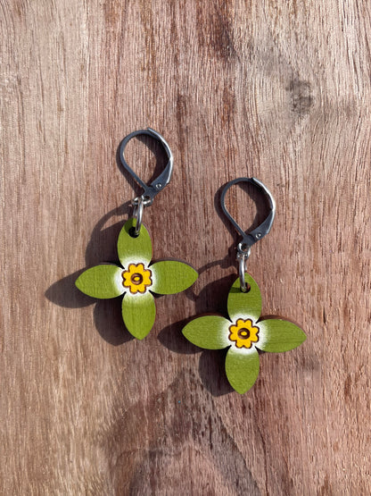 Handpainted Azure Bluet Wooden Earrings in Single Green