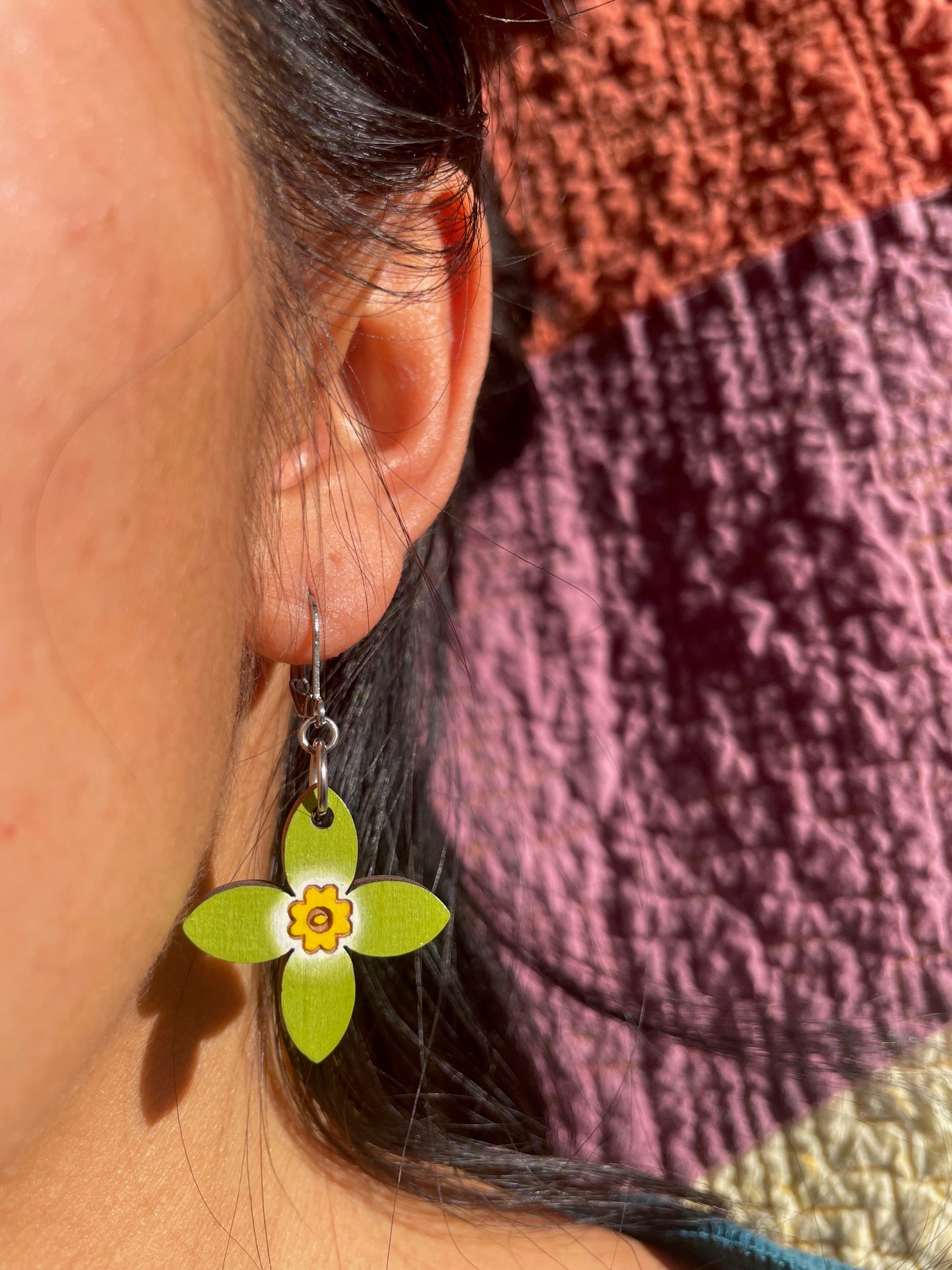 Handpainted Azure Bluet Wooden Earrings in Single Green