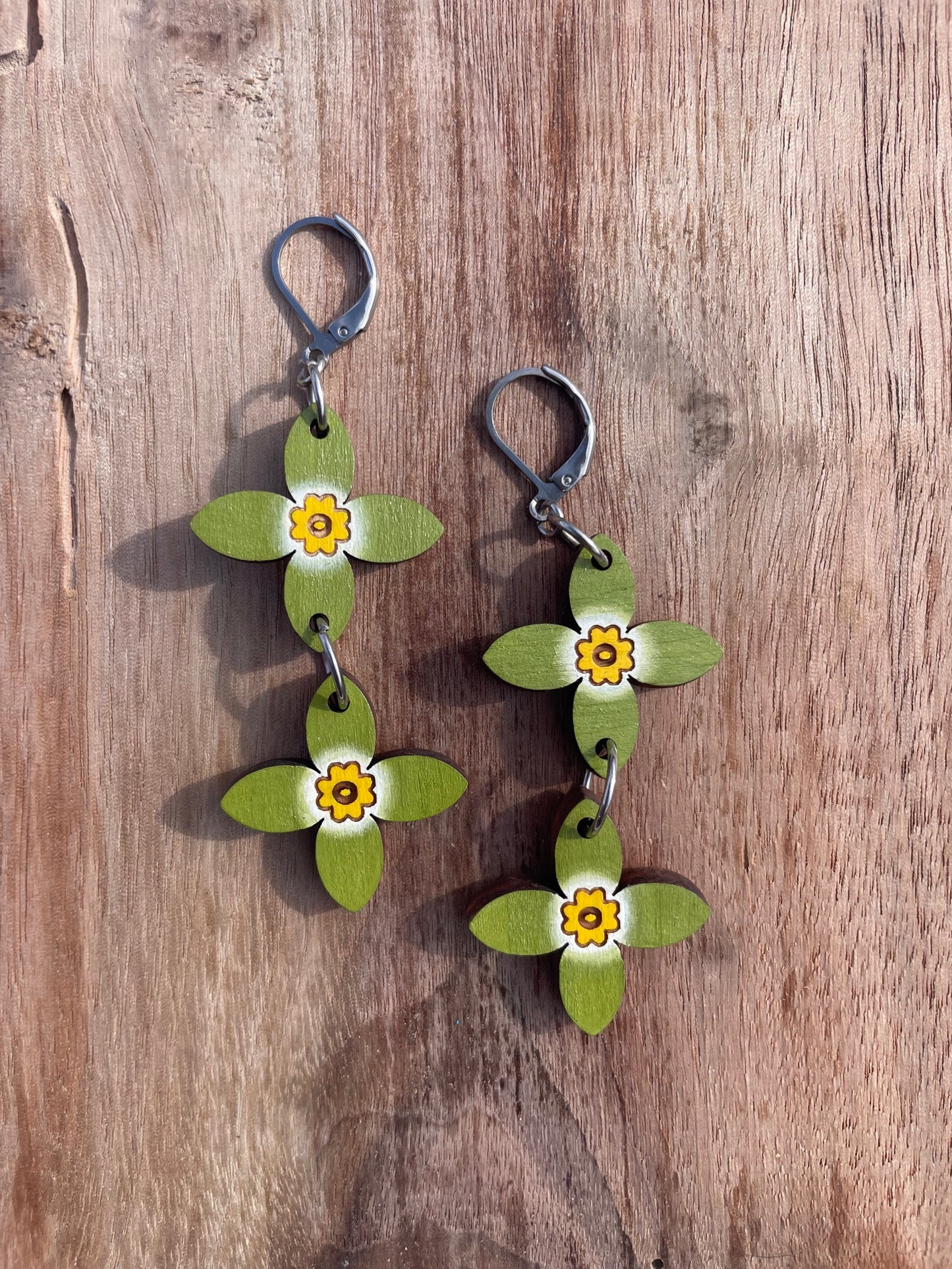 Handpainted Azure Bluet Wooden Earrings in Double Green