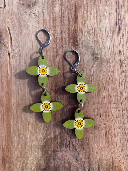 Handpainted Azure Bluet Wooden Earrings in Double Green