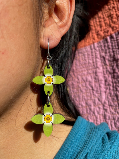 Handpainted Azure Bluet Wooden Earrings in Double Green