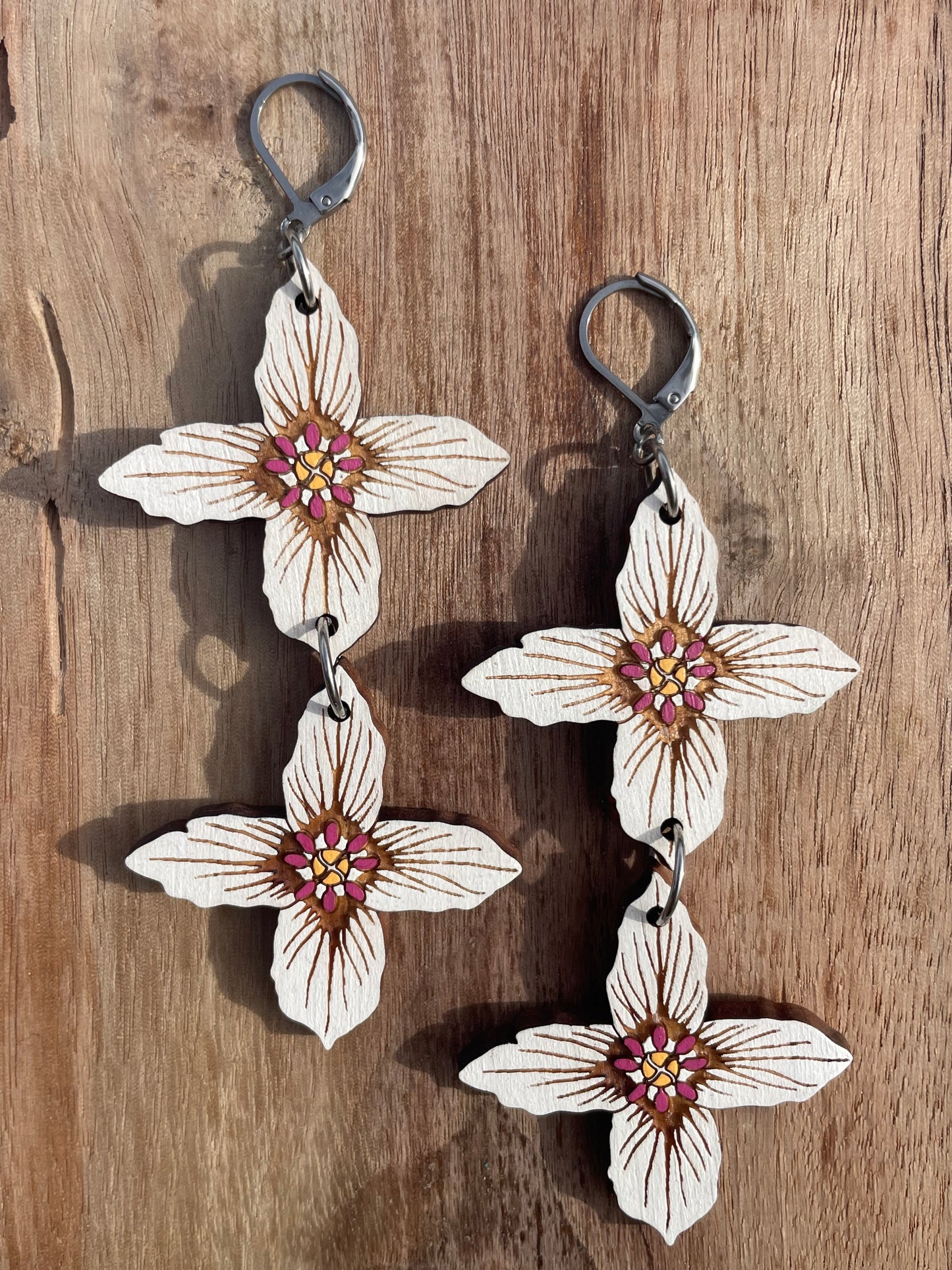 Handpainted Painted Trillium Four-Petaled “Quillium” Wooden Earrings in Large Double