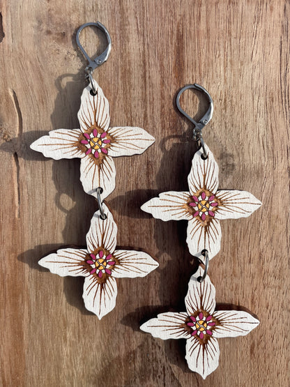 Handpainted Painted Trillium Four-Petaled “Quillium” Wooden Earrings in Large Double