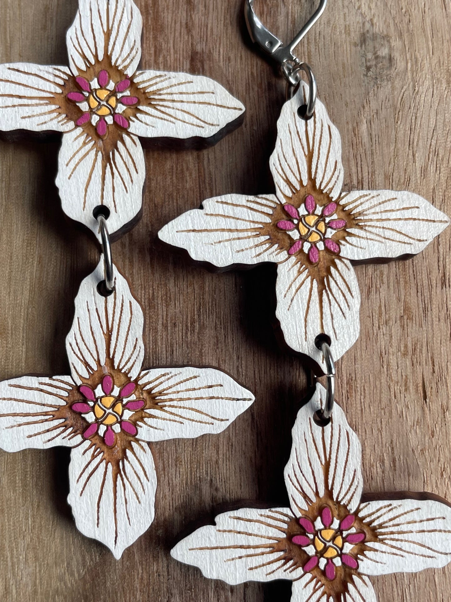 Handpainted Painted Trillium Four-Petaled “Quillium” Wooden Earrings in Large Double