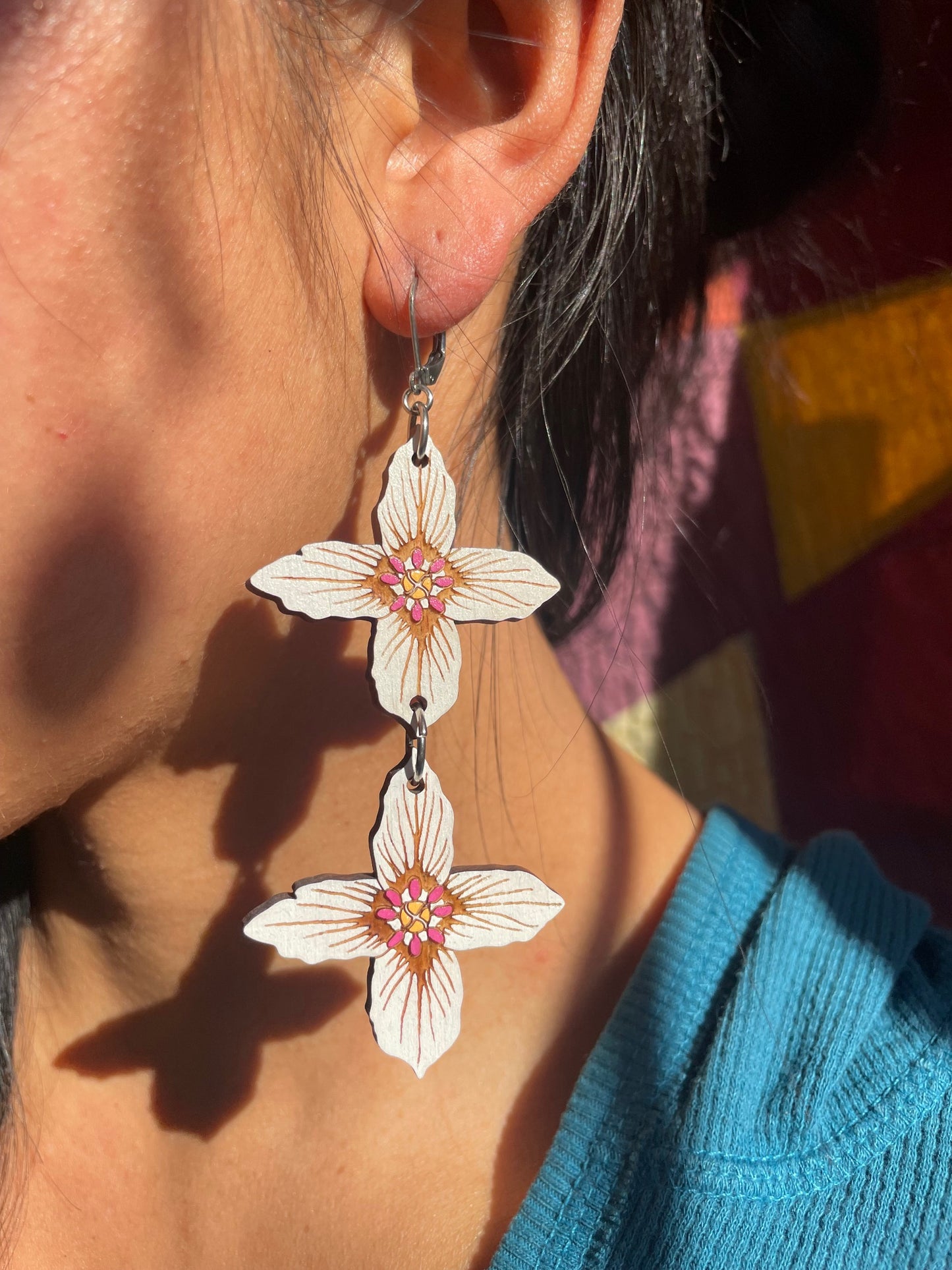 Handpainted Painted Trillium Four-Petaled “Quillium” Wooden Earrings in Large Double