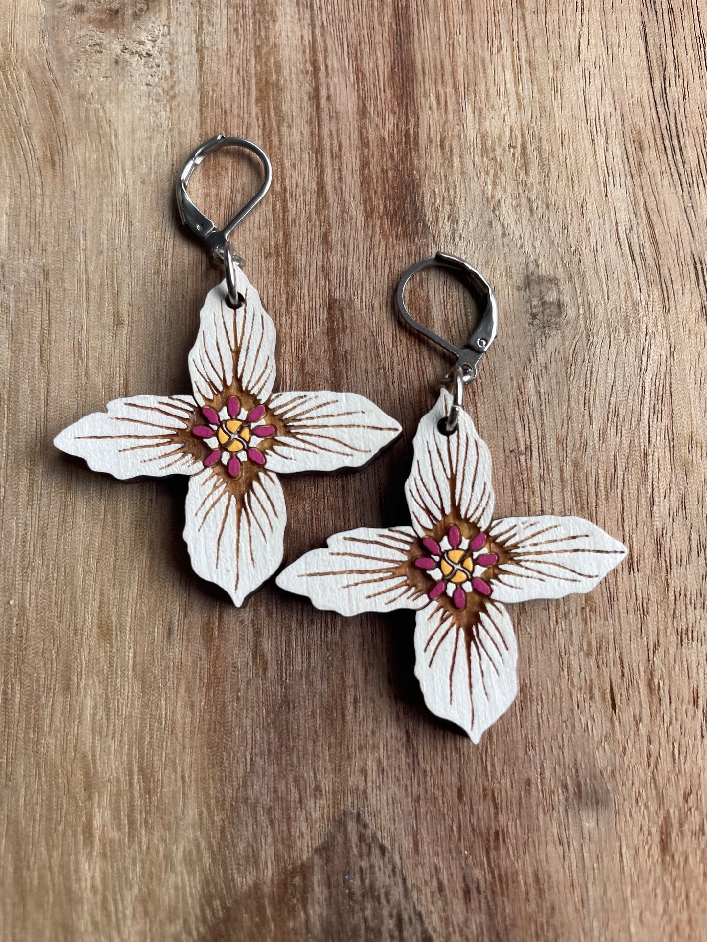 On Sale! Handpainted Painted Trillium Four-Petaled “Quillium” Wooden Earrings in Large