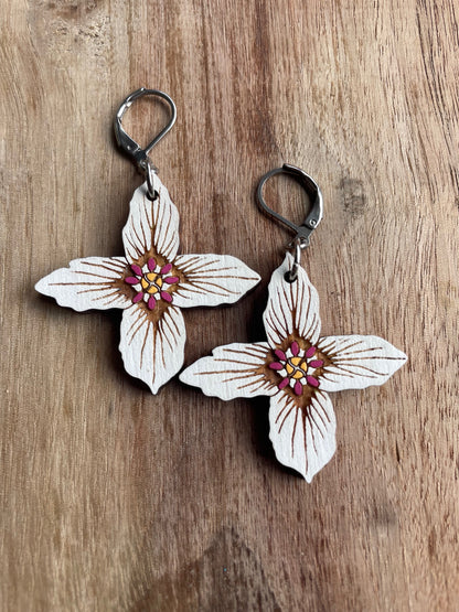 On Sale! Handpainted Painted Trillium Four-Petaled “Quillium” Wooden Earrings in Large