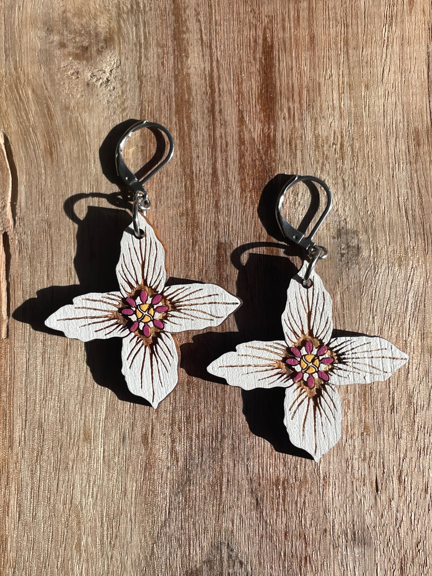 Handpainted Painted Trillium Four-Petaled “Quillium” Wooden Earrings in Large