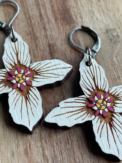On Sale! Handpainted Painted Trillium Four-Petaled “Quillium” Wooden Earrings in Large