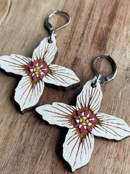 On Sale! Handpainted Painted Trillium Four-Petaled “Quillium” Wooden Earrings in Large