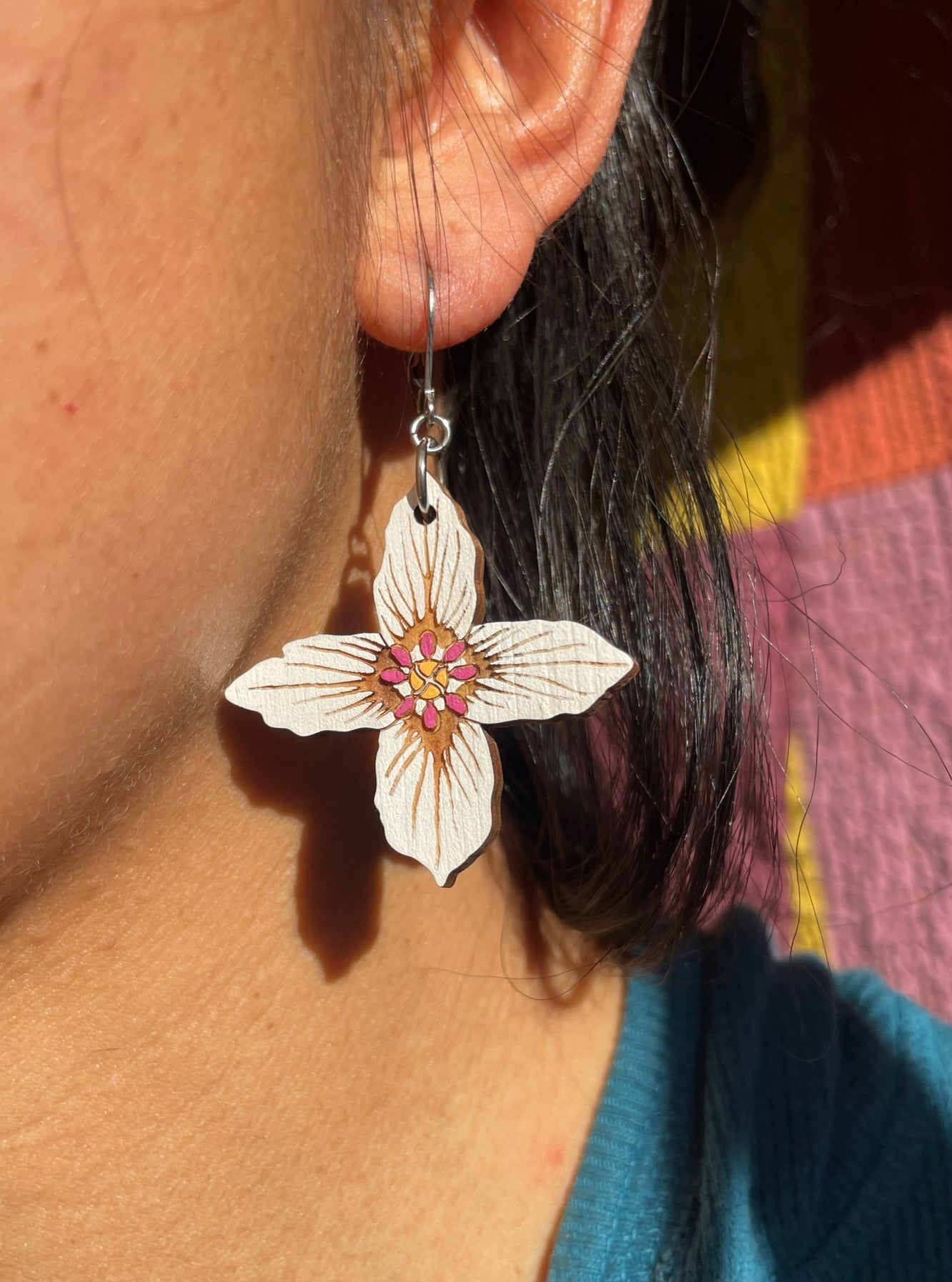 Handpainted Painted Trillium Four-Petaled “Quillium” Wooden Earrings in Large