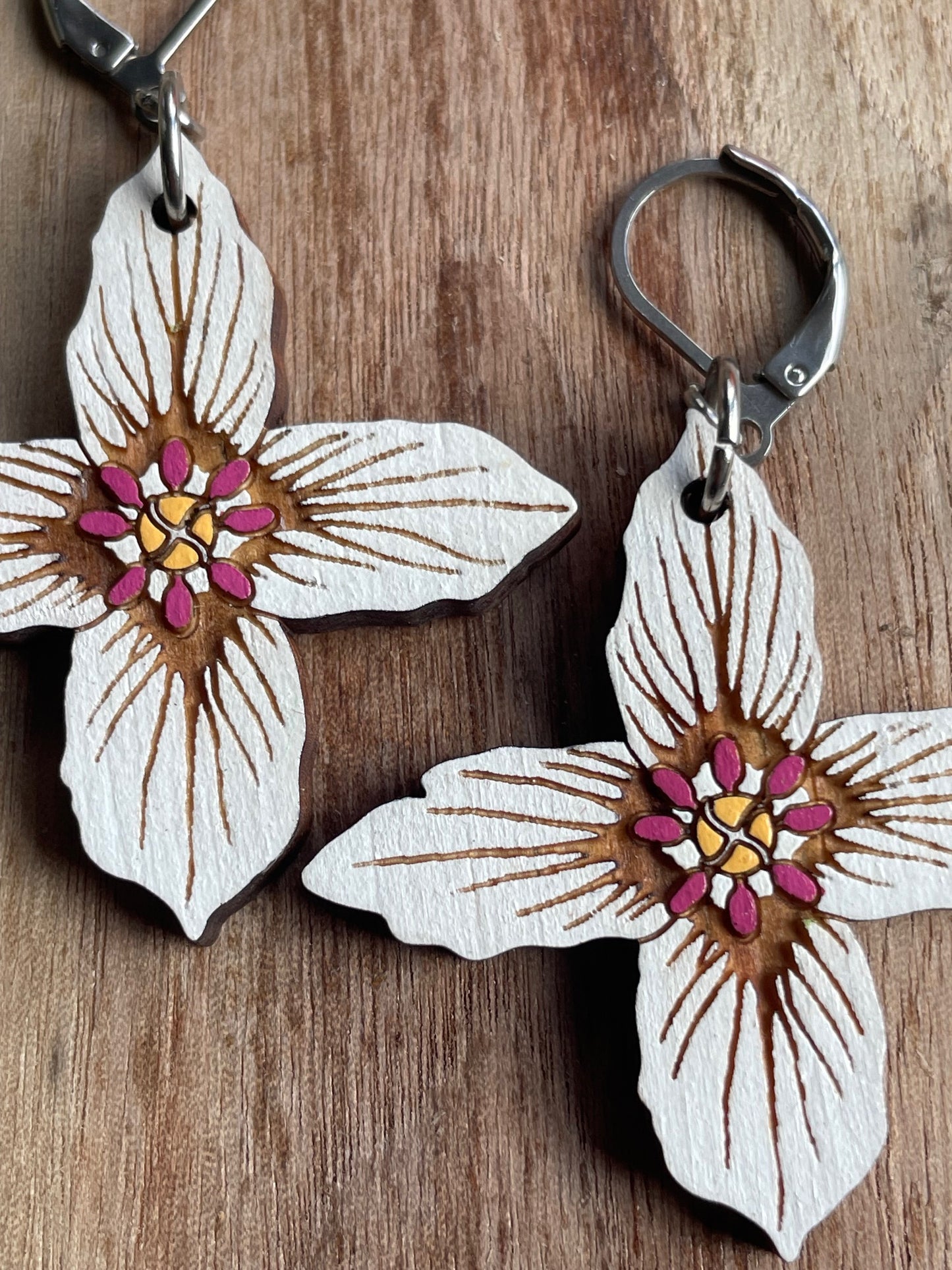 On Sale! Handpainted Painted Trillium Four-Petaled “Quillium” Wooden Earrings in Large