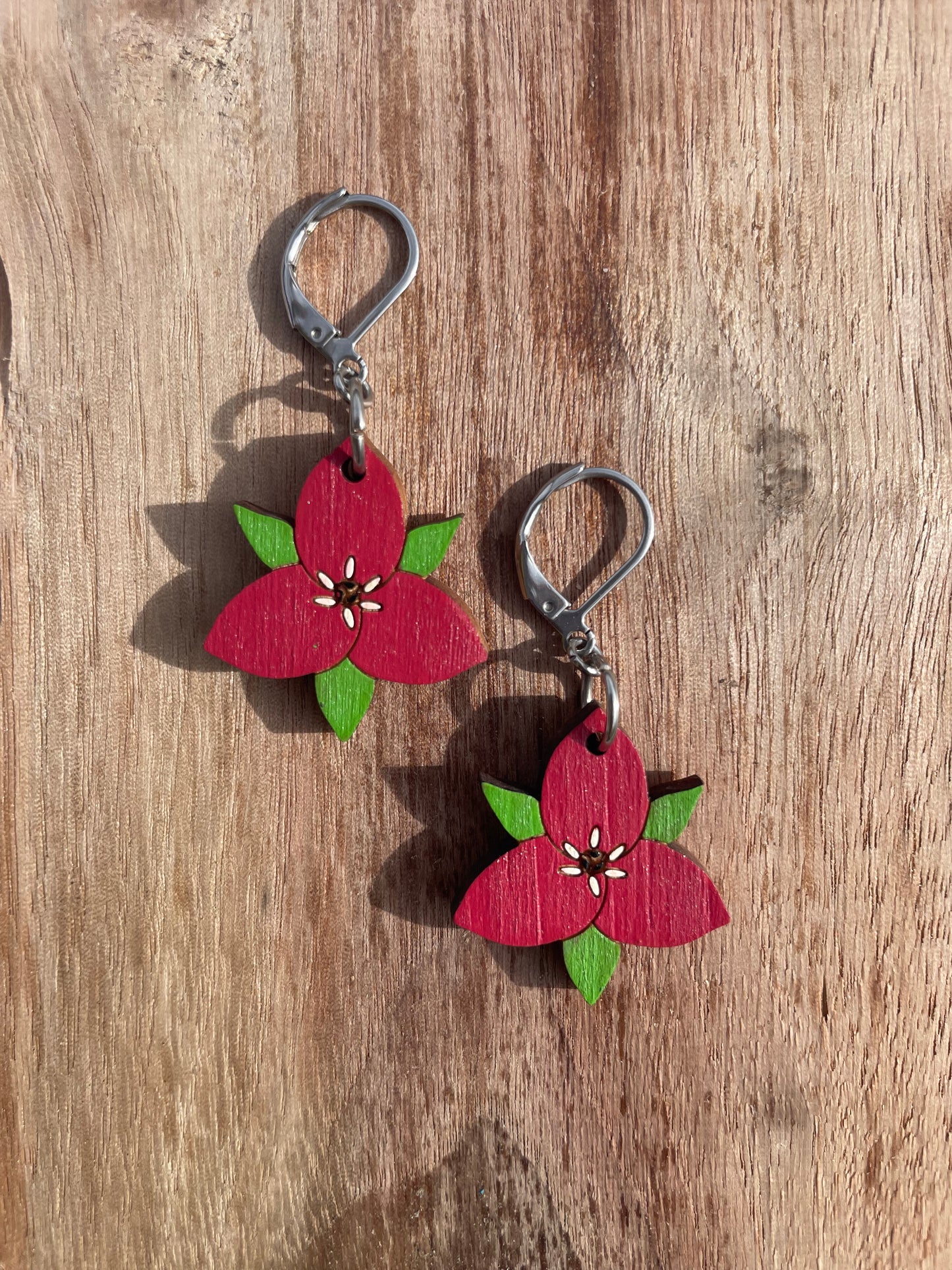 On Sale! Handpainted Red Trillium Wooden Earrings