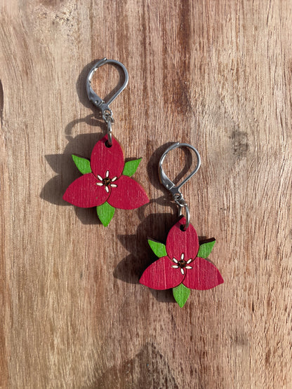 On Sale! Handpainted Red Trillium Wooden Earrings