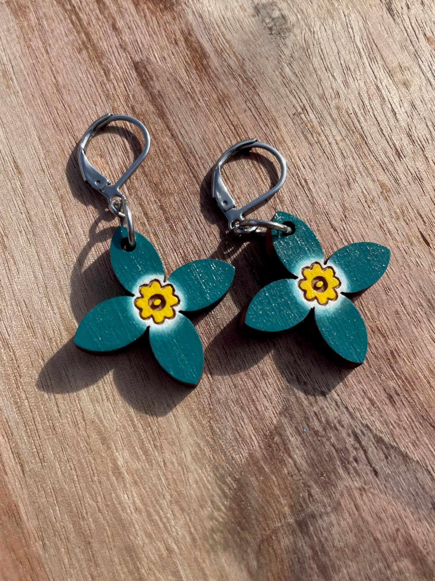 Handpainted Azure Bluet Wooden Earrings in Single Teal