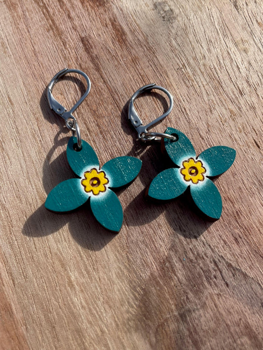 Handpainted Azure Bluet Wooden Earrings in Single Teal