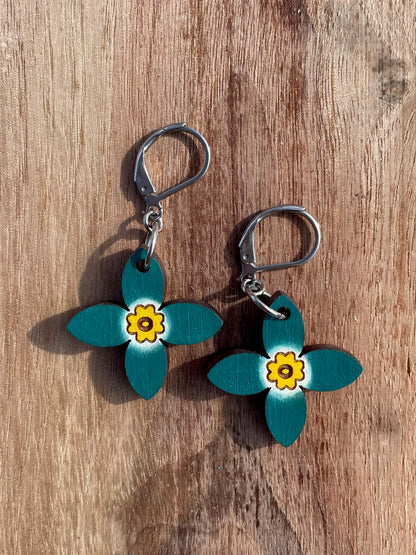 Handpainted Azure Bluet Wooden Earrings in Single Teal
