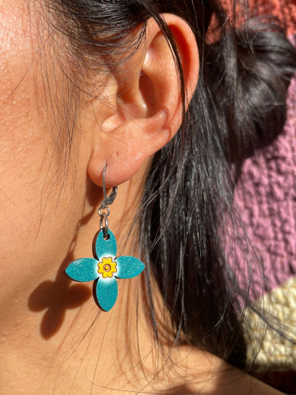Handpainted Azure Bluet Wooden Earrings in Single Teal