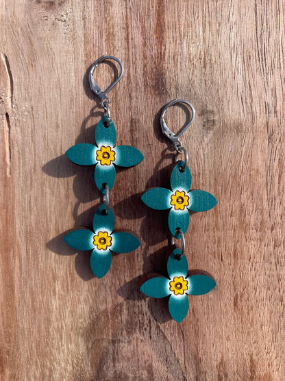 Handpainted Azure Bluet Wooden Earrings in Double Teal