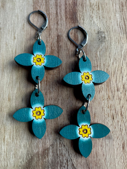 On Sale! Handpainted Azure Bluet Wooden Earrings in Double Teal