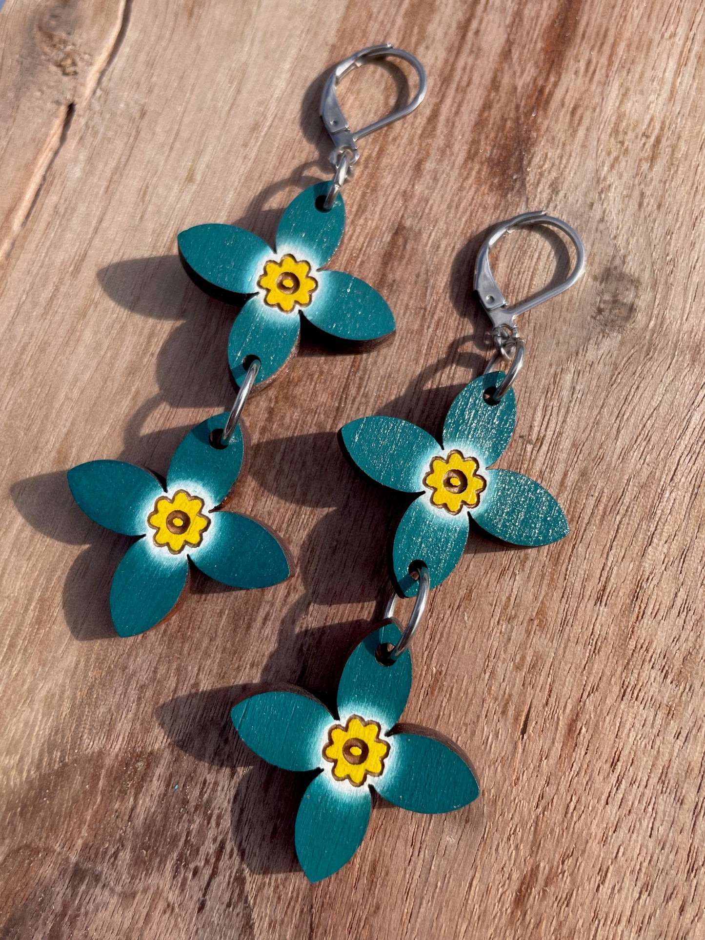 Handpainted Azure Bluet Wooden Earrings in Double Teal