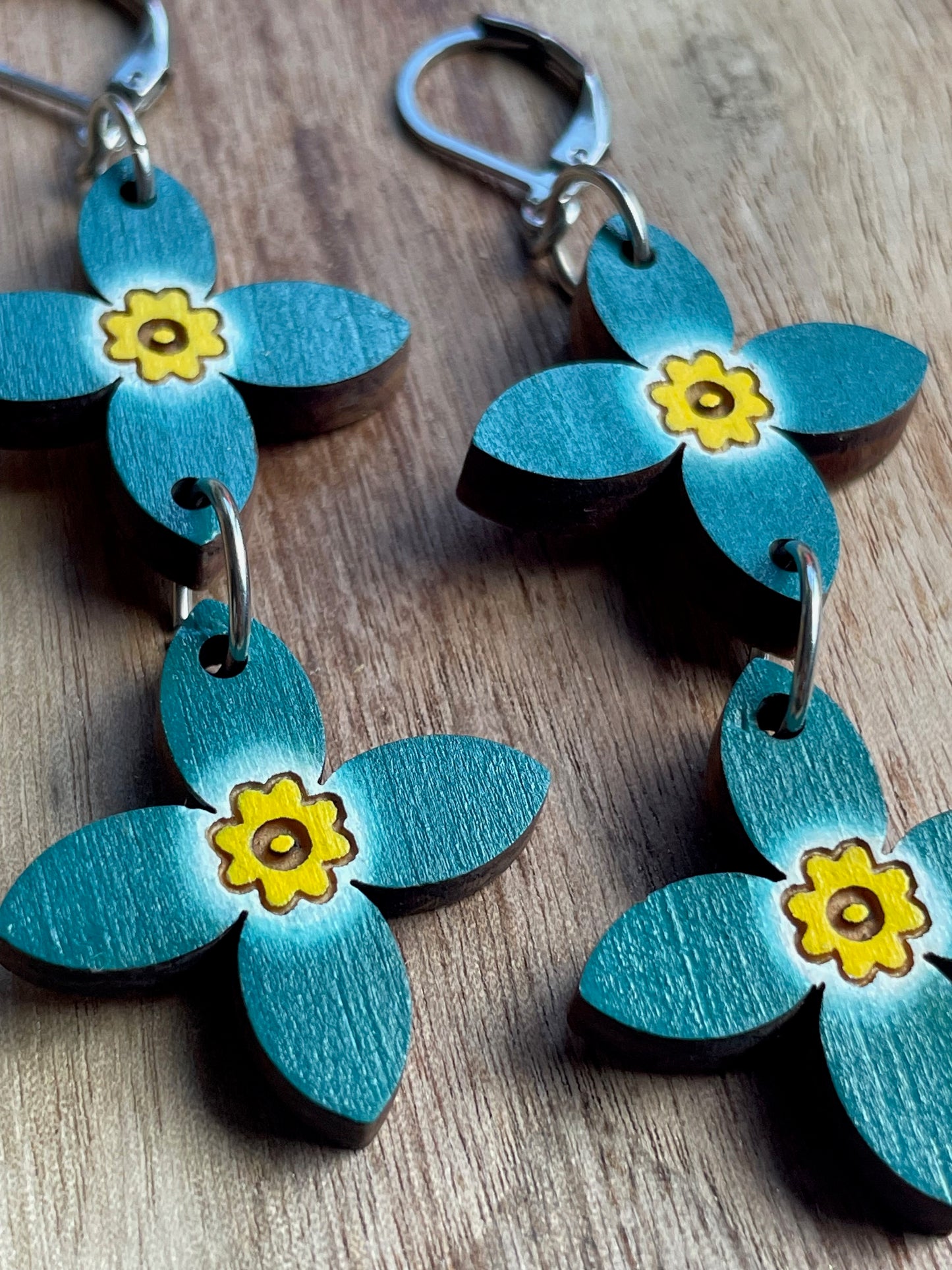 On Sale! Handpainted Azure Bluet Wooden Earrings in Double Teal