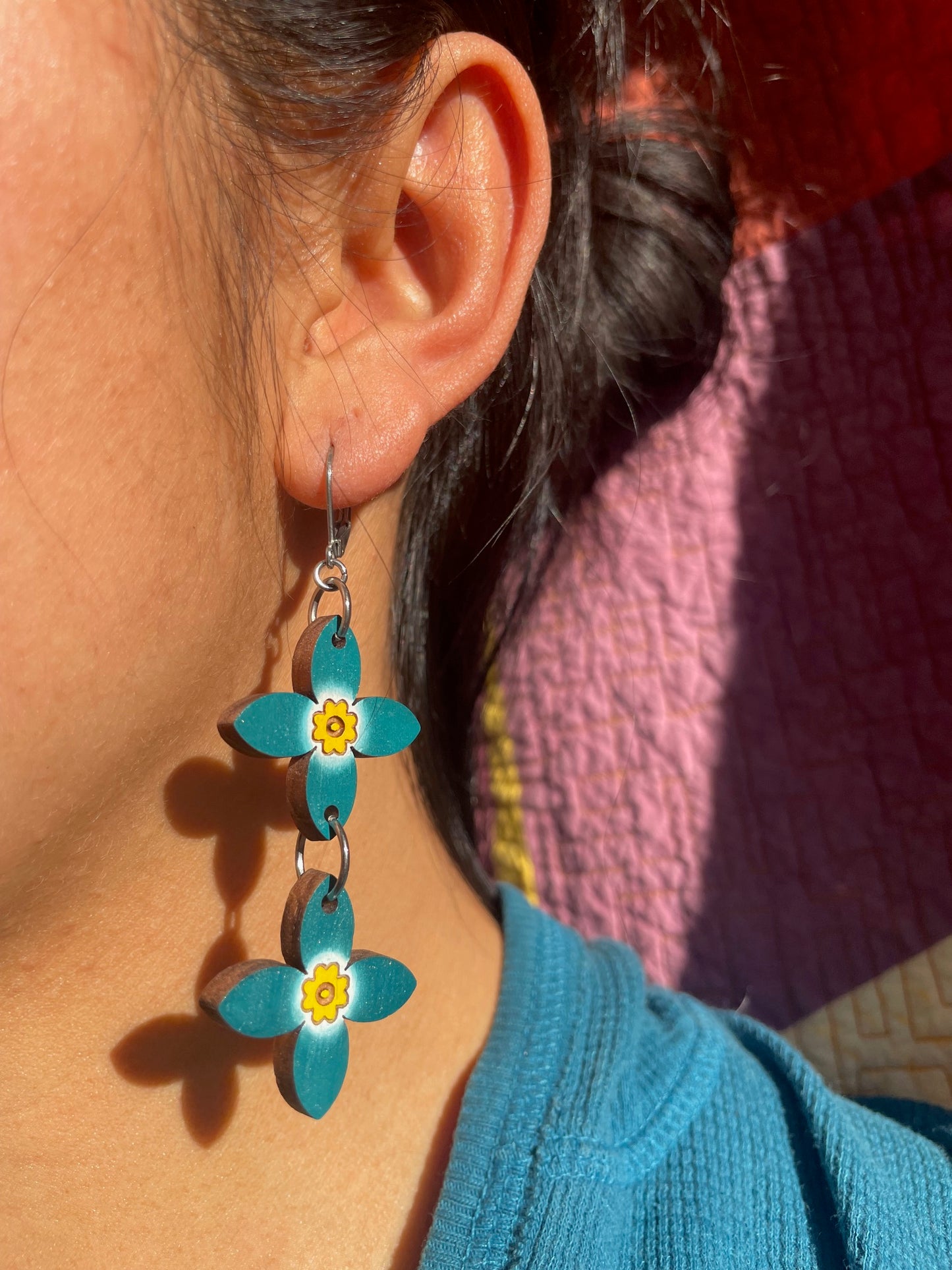 Handpainted Azure Bluet Wooden Earrings in Double Teal