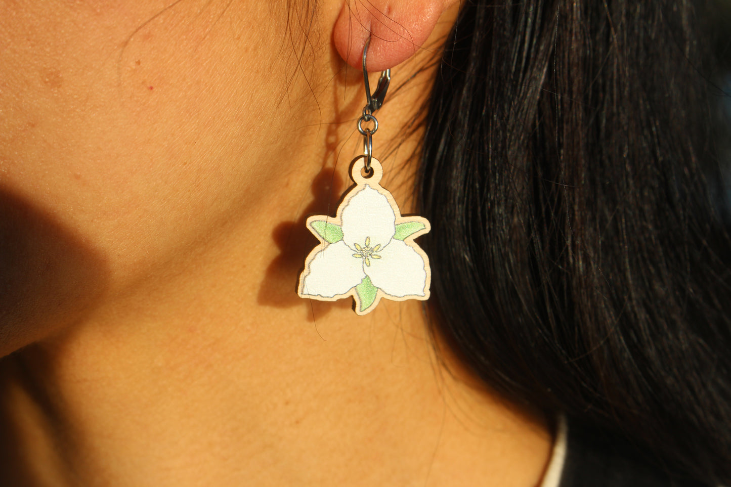 Great White Trillium Wooden Earrings in Small