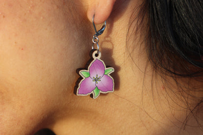 Pink Great White Trillium Wooden Earrings